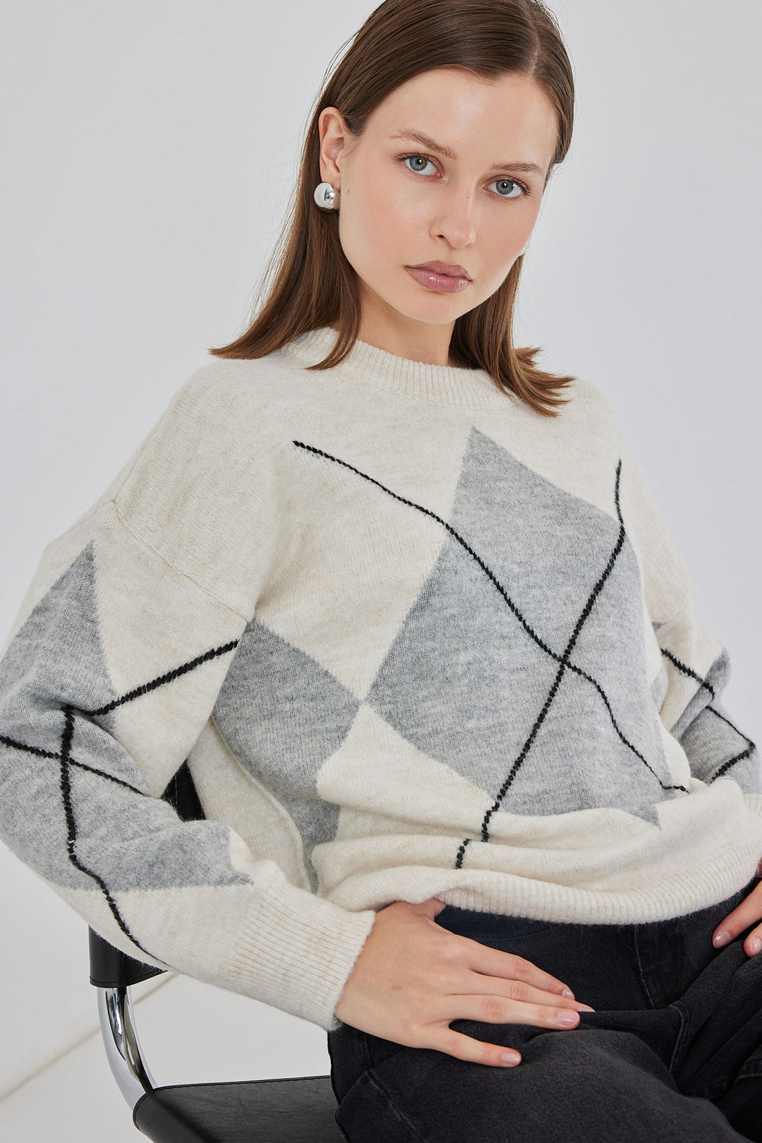 Bigdart Pull tricoté oversize à motif vichy 15895 - Crème