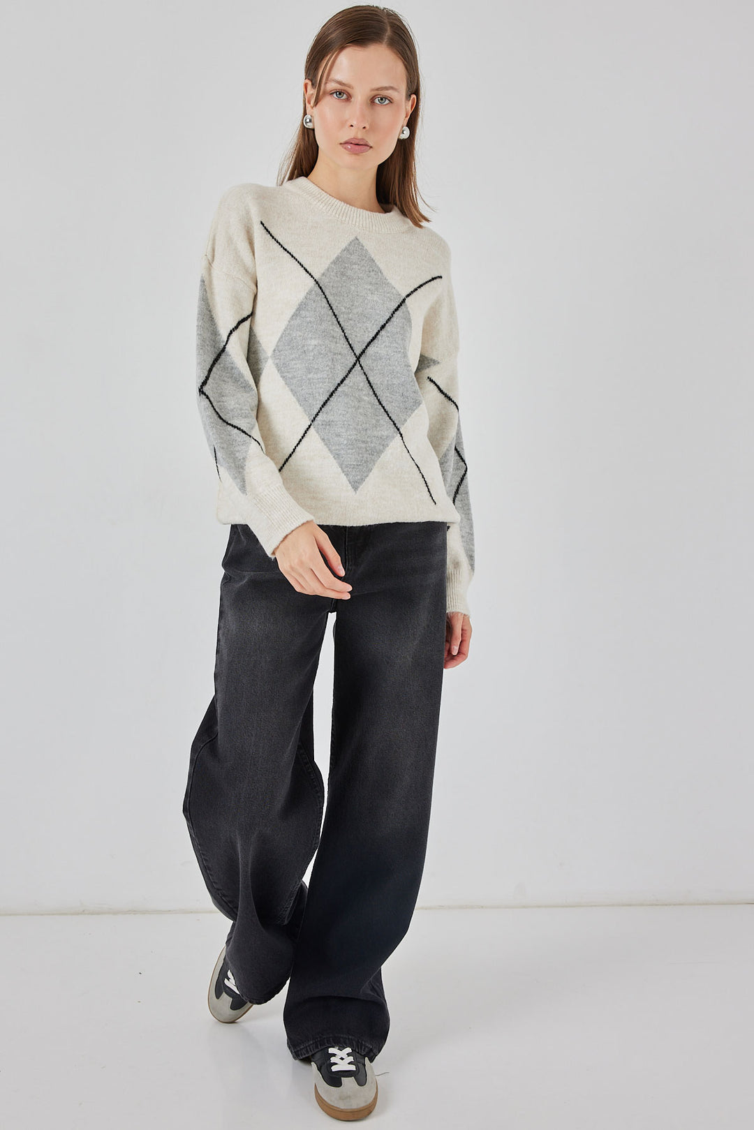 Bigdart Pull tricoté oversize à motif vichy 15895 - Crème