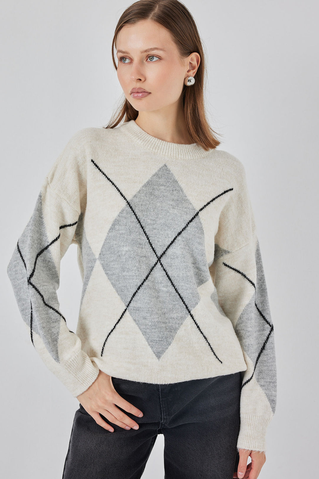 Bigdart Pull tricoté oversize à motif vichy 15895 - Crème