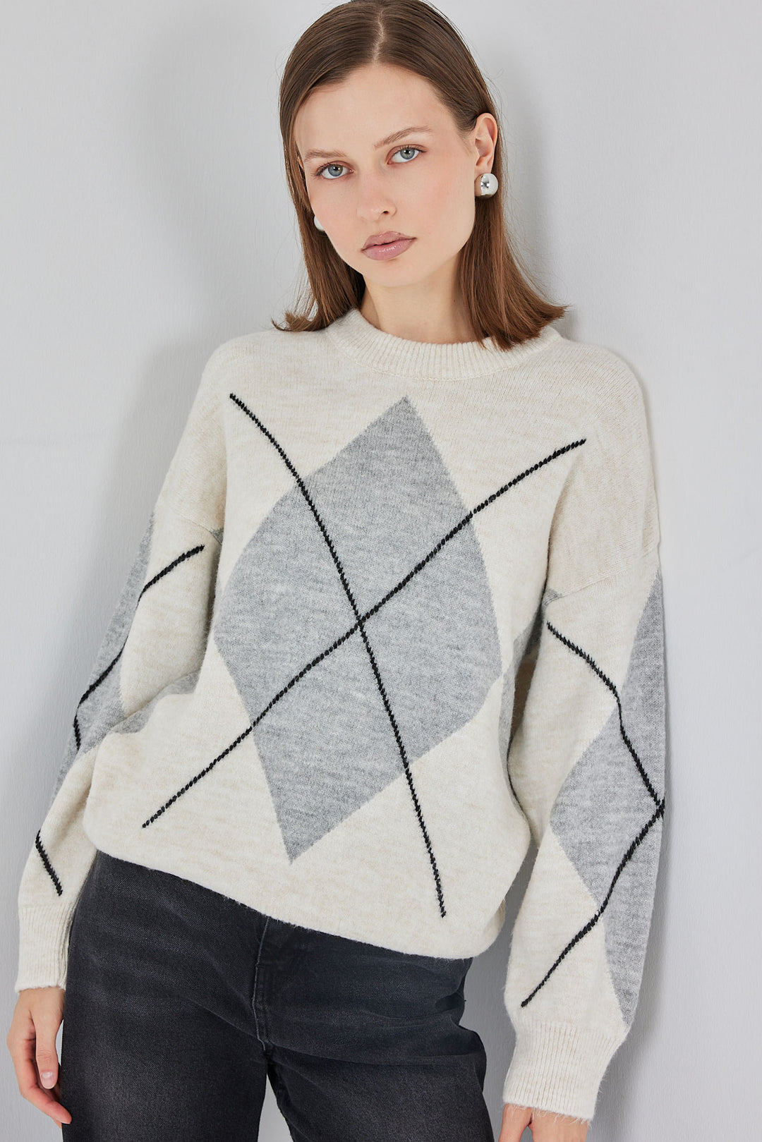 Bigdart Pull tricoté oversize à motif vichy 15895 - Crème