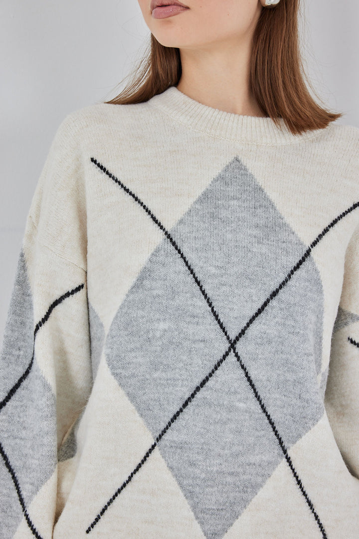 Bigdart Pull tricoté oversize à motif vichy 15895 - Crème