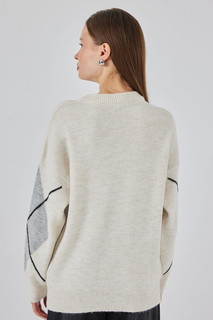 Bigdart Pull tricoté oversize à motif vichy 15895 - Crème