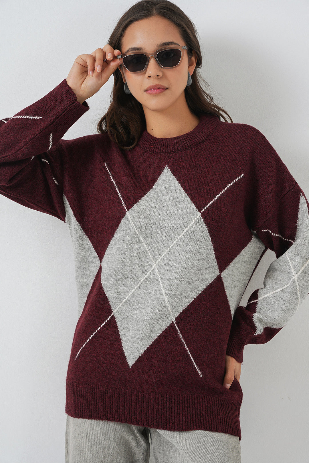 Bigdart 15895 Pull tricot oversize à motifs - Bordeaux Y.