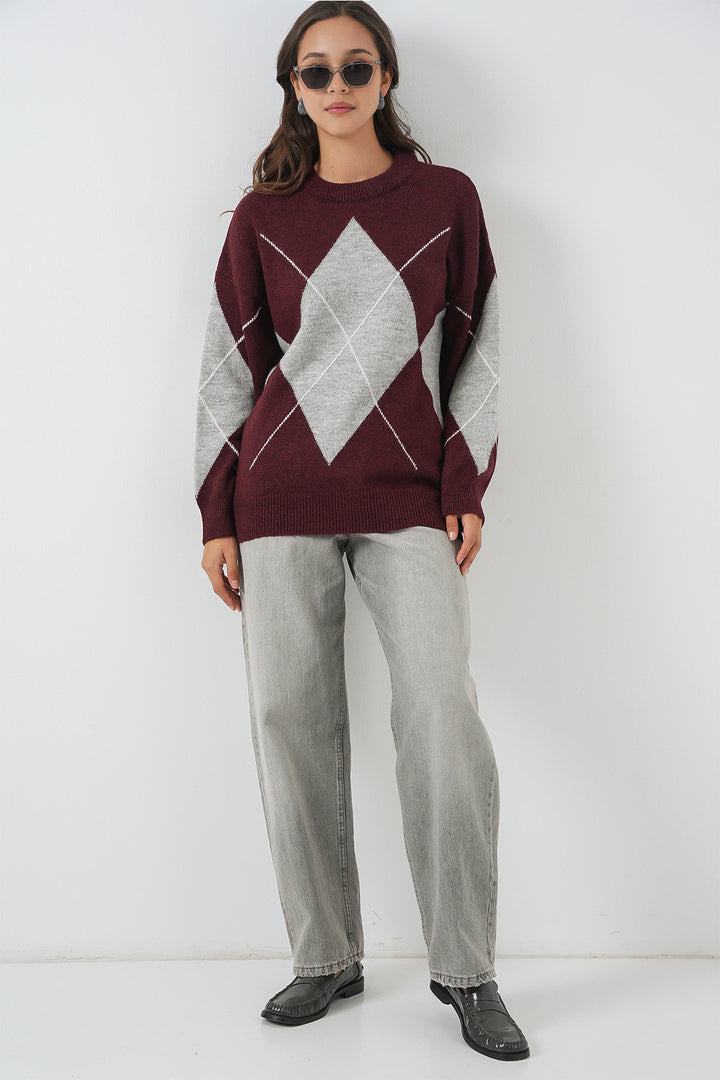 Bigdart 15895 Pull tricot oversize à motifs - Bordeaux Y.