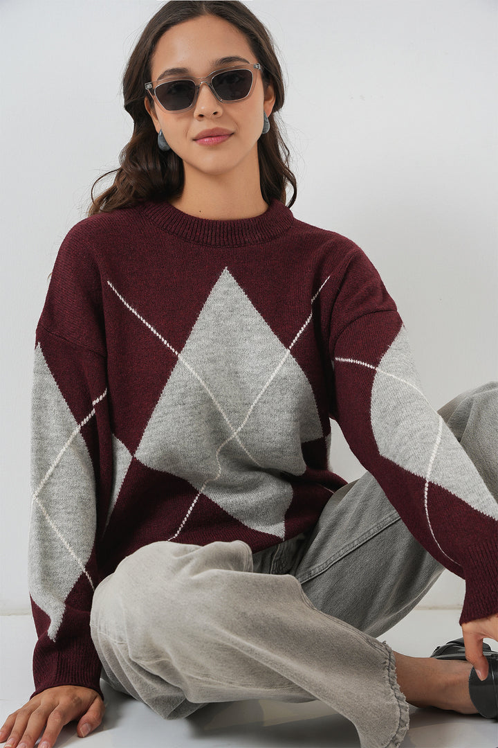 Bigdart 15895 Pull tricot oversize à motifs - Bordeaux Y.