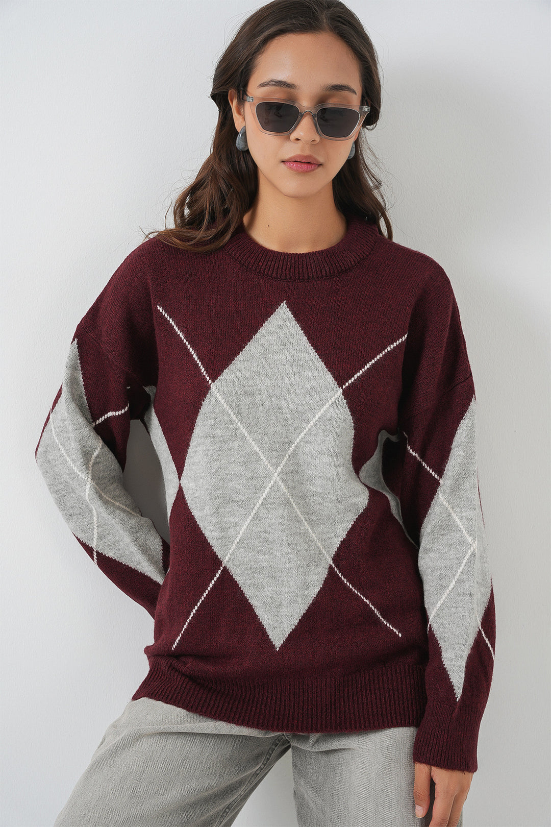 Bigdart 15895 Pull tricot oversize à motifs - Bordeaux Y.