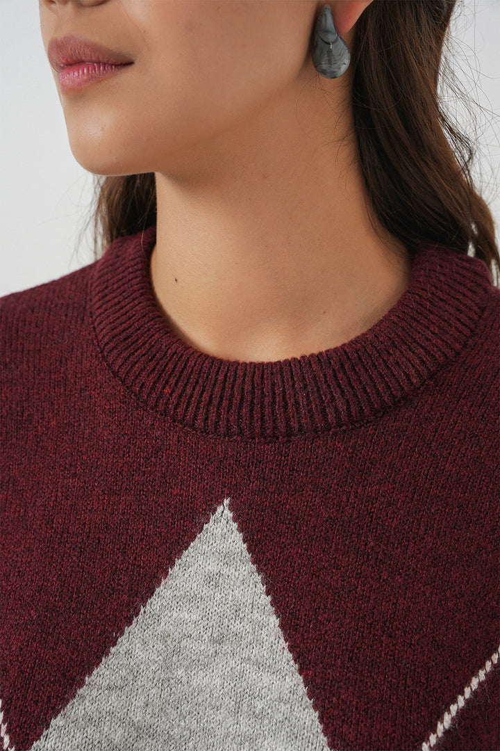 Bigdart 15895 Pull tricot oversize à motifs - Bordeaux Y.