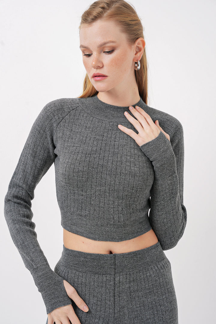 Bigdart 15905 Ensemble tricot crop top et pantalon pour femme - Gris foncé