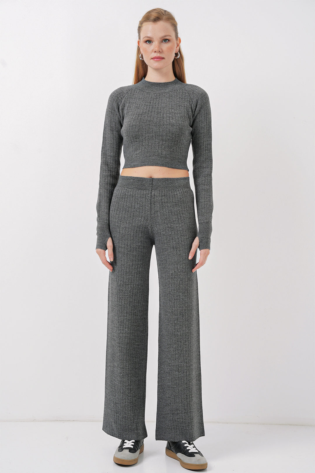 Bigdart 15905 Ensemble tricot crop top et pantalon pour femme - Gris foncé
