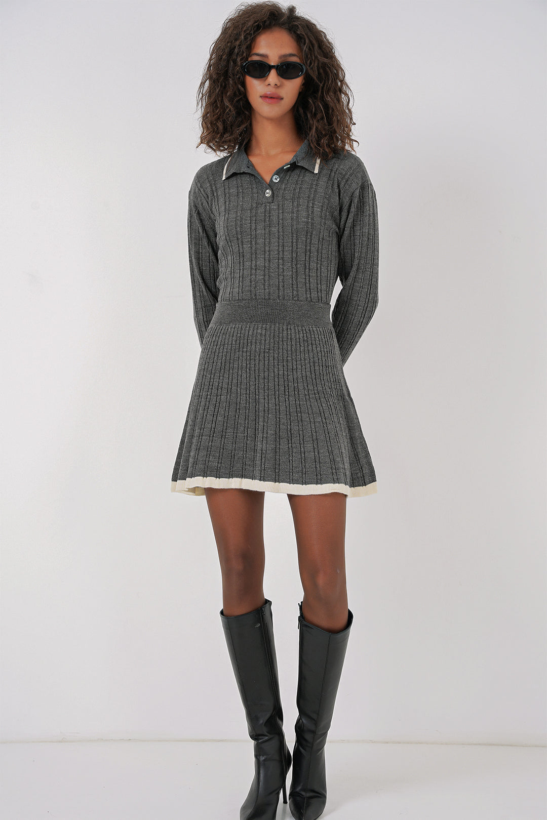 Bigdart 15907 Ensemble Tricot Jupe à Col Polo Femme - Anthracite