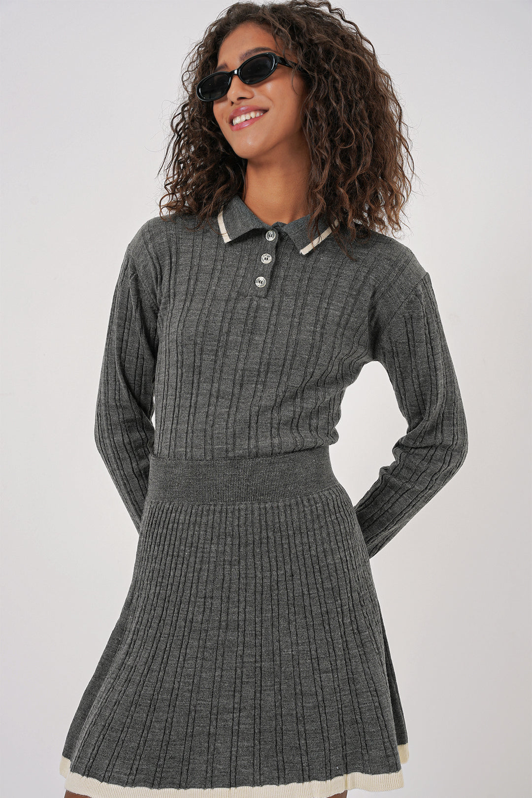 Bigdart 15907 Ensemble Tricot Jupe à Col Polo Femme - Anthracite