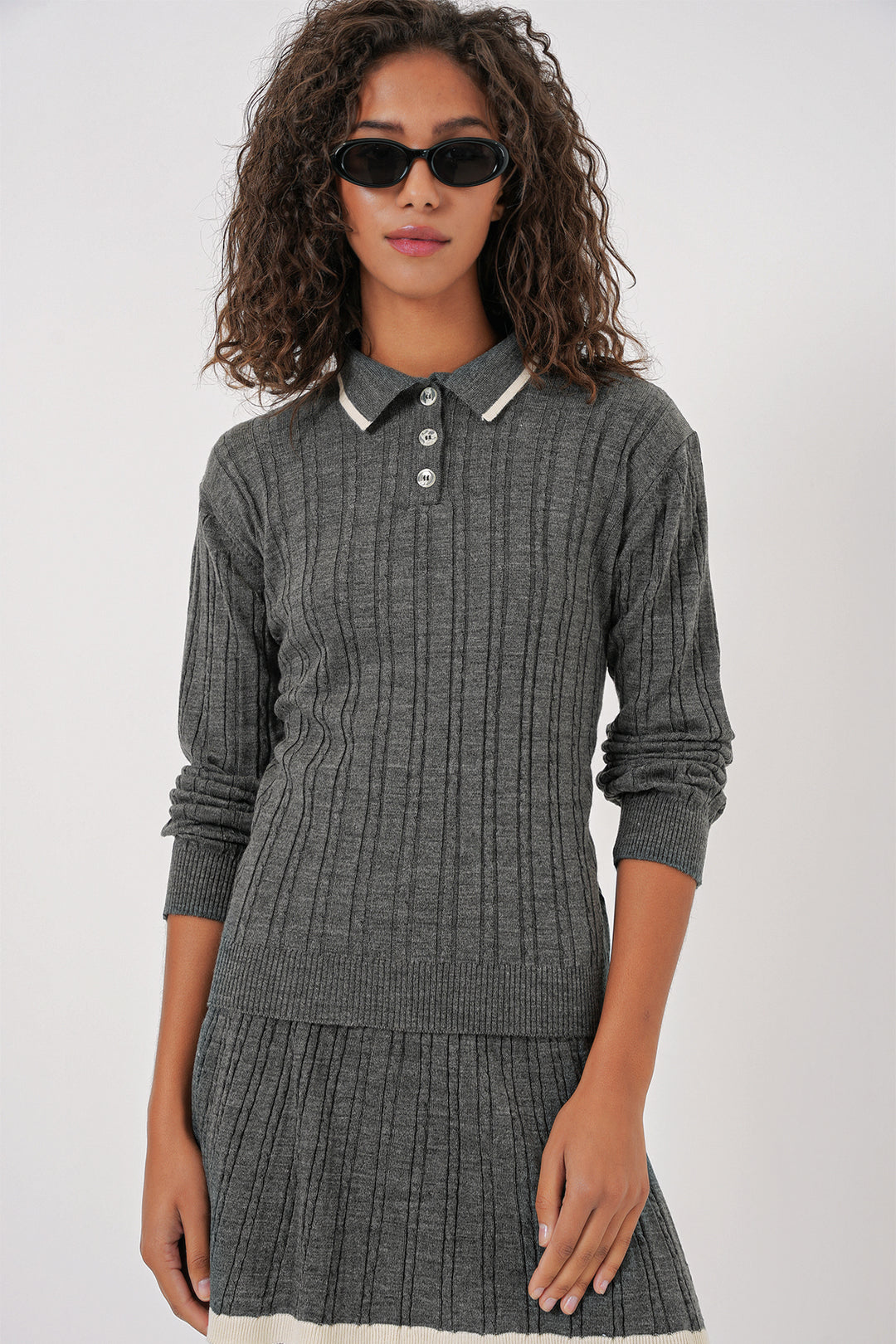 Bigdart 15907 Ensemble Tricot Jupe à Col Polo Femme - Anthracite