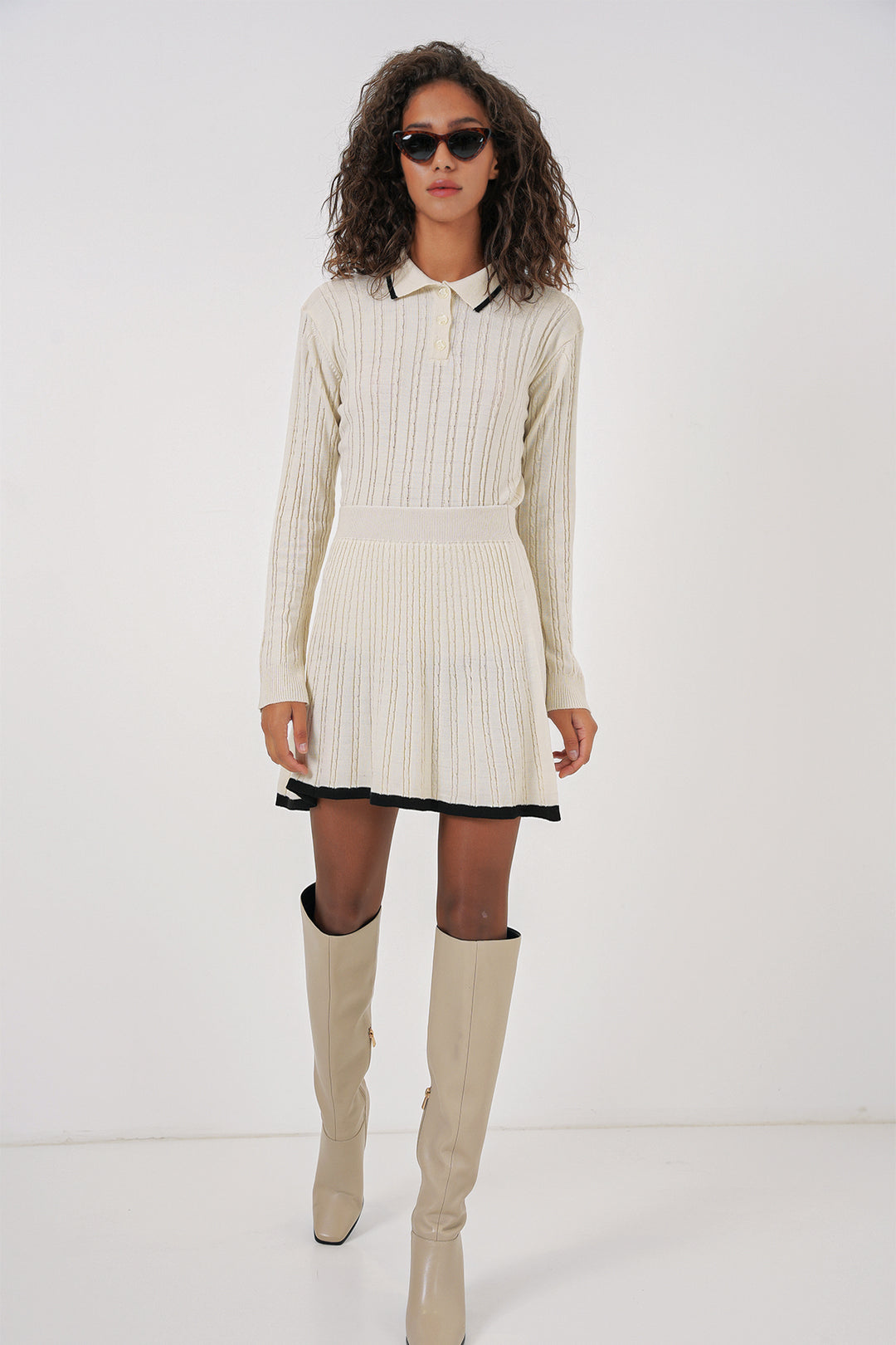 Bigdart 15907 Ensemble Tricot Jupe à Col Polo Femme - Crème