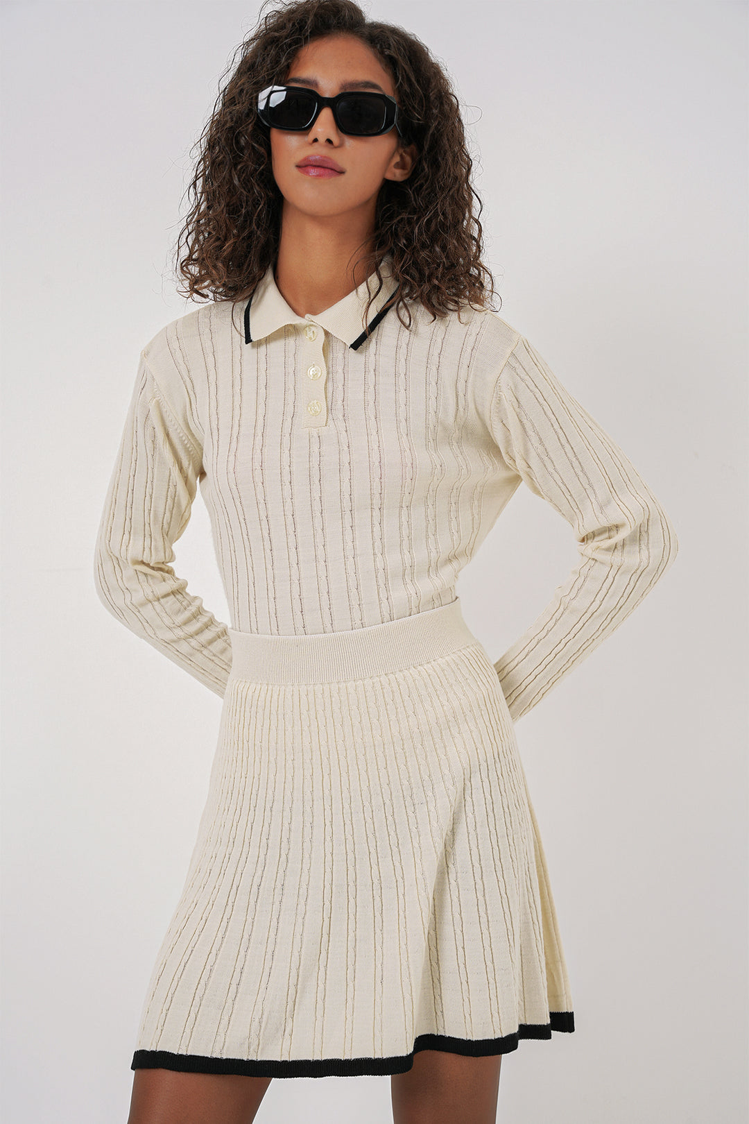 Bigdart 15907 Ensemble Tricot Jupe à Col Polo Femme - Crème