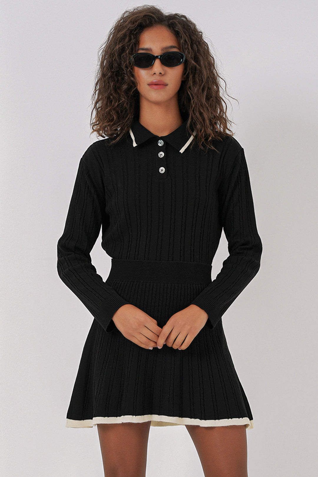 Bigdart 15907 Pull à col polo pour femme et jupe en tricot - Noir
