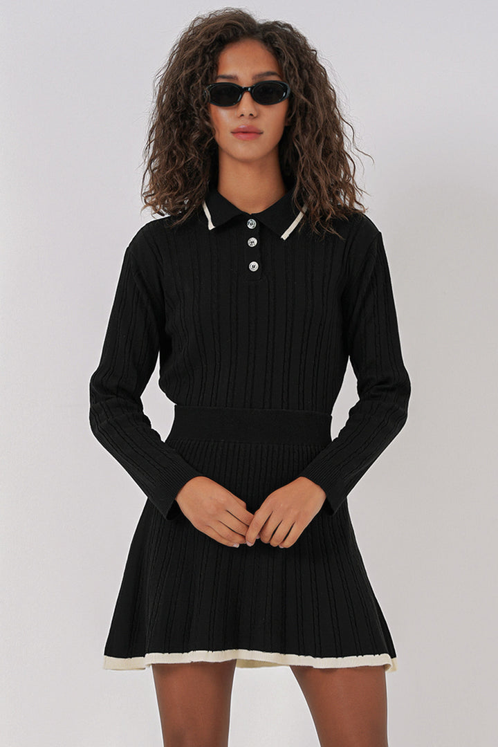 Bigdart 15907 Pull à col polo pour femme et jupe en tricot - Noir
