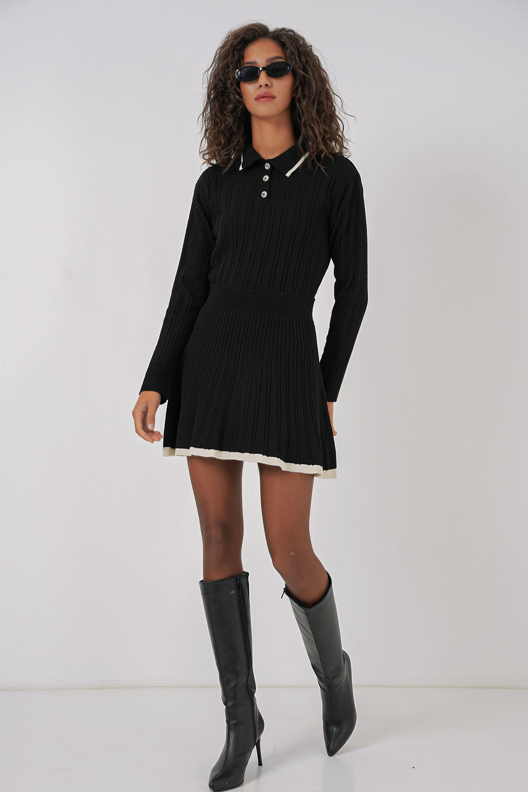 Bigdart 15907 Pull à col polo pour femme et jupe en tricot - Noir
