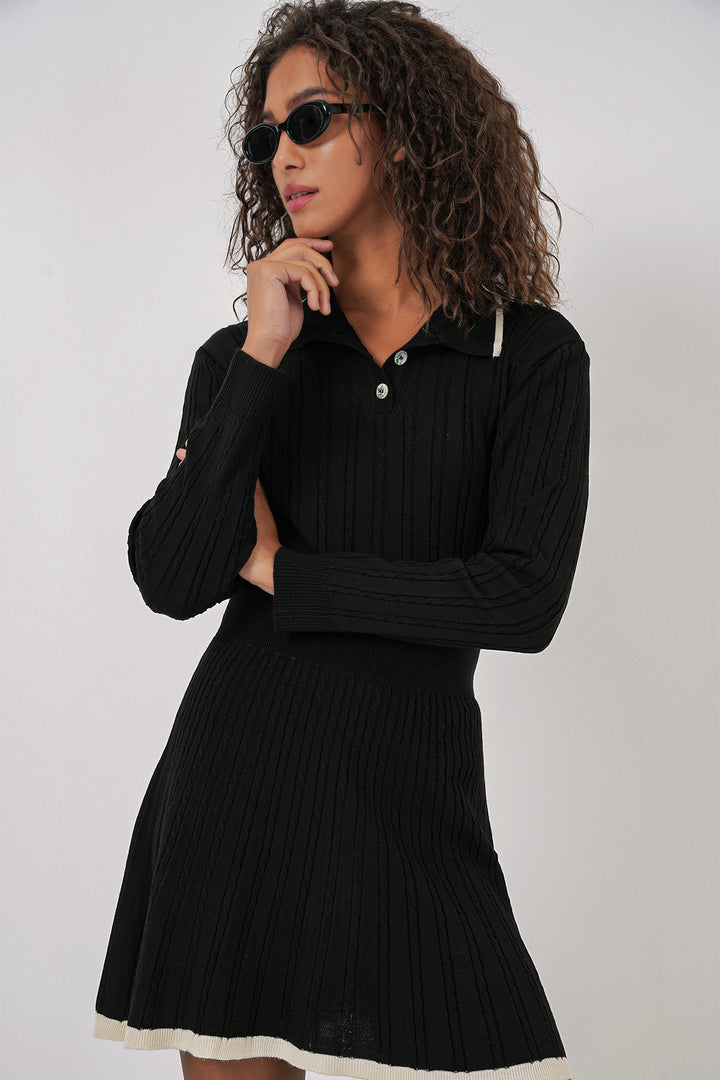 Bigdart 15907 Pull à col polo pour femme et jupe en tricot - Noir