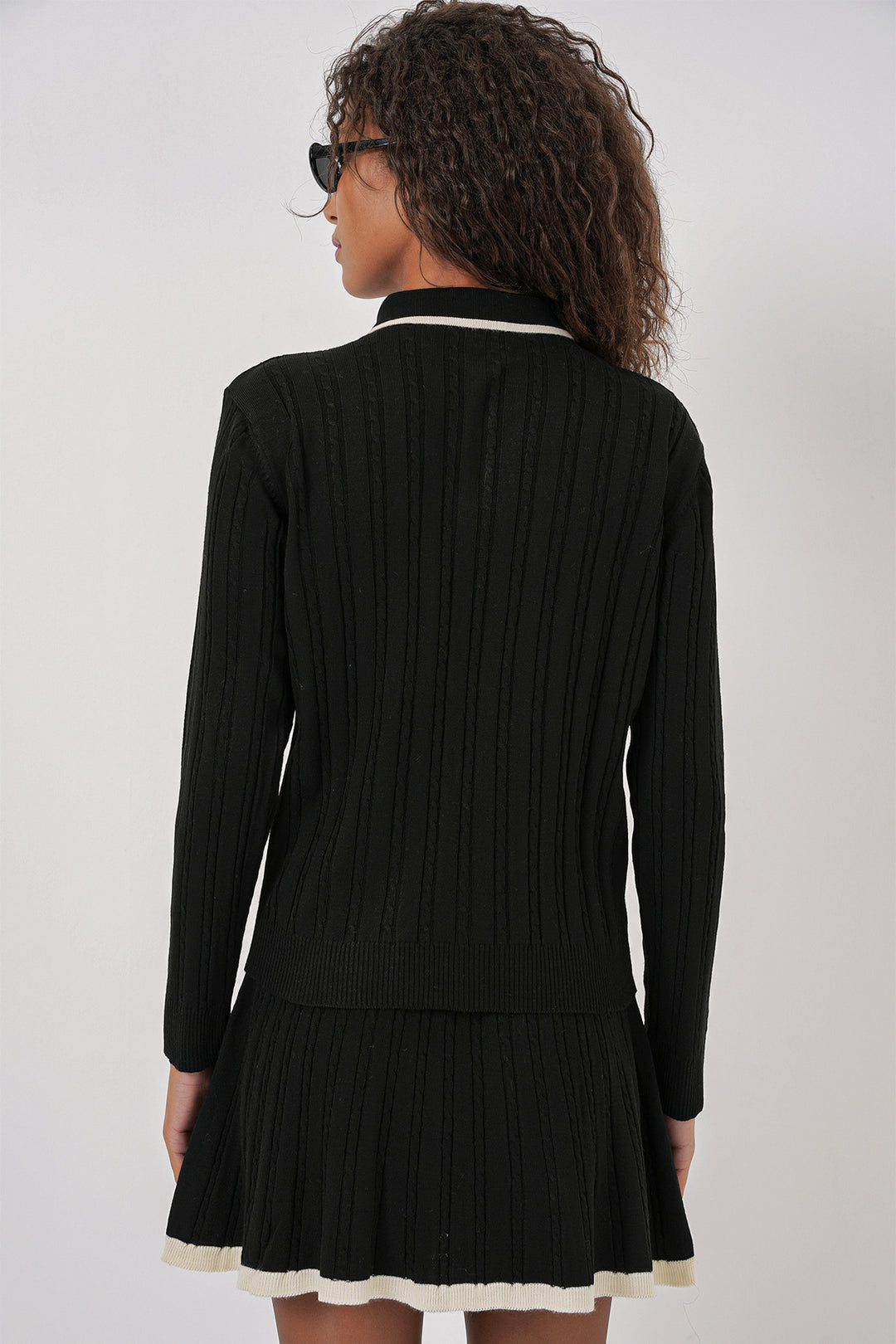 Bigdart 15907 Pull à col polo pour femme et jupe en tricot - Noir