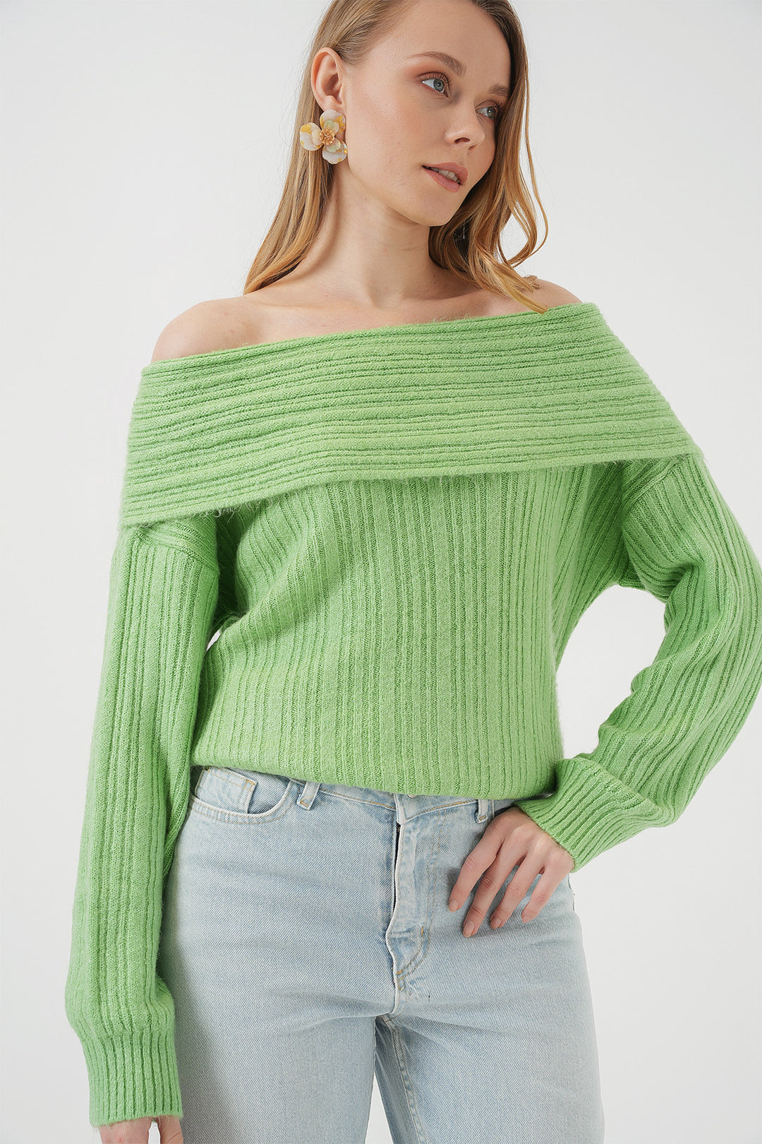 Bigdart 15908 Pull oversize en tricot à épaules dénudées pour femme - Vert clair