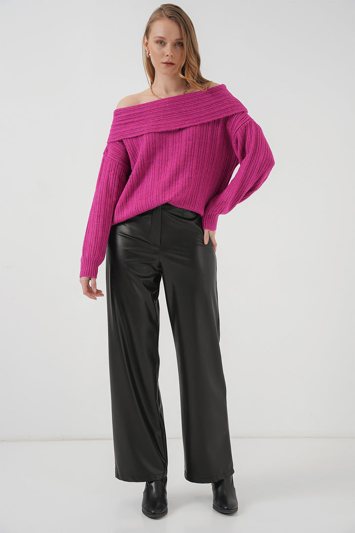 Bigdart 15908 Pull oversize en tricot à épaules dénudées pour femme - Rose foncé