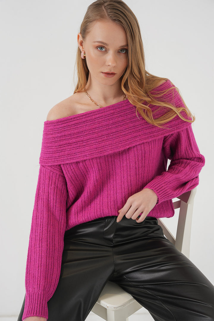 Bigdart 15908 Pull oversize en tricot à épaules dénudées pour femme - Rose foncé