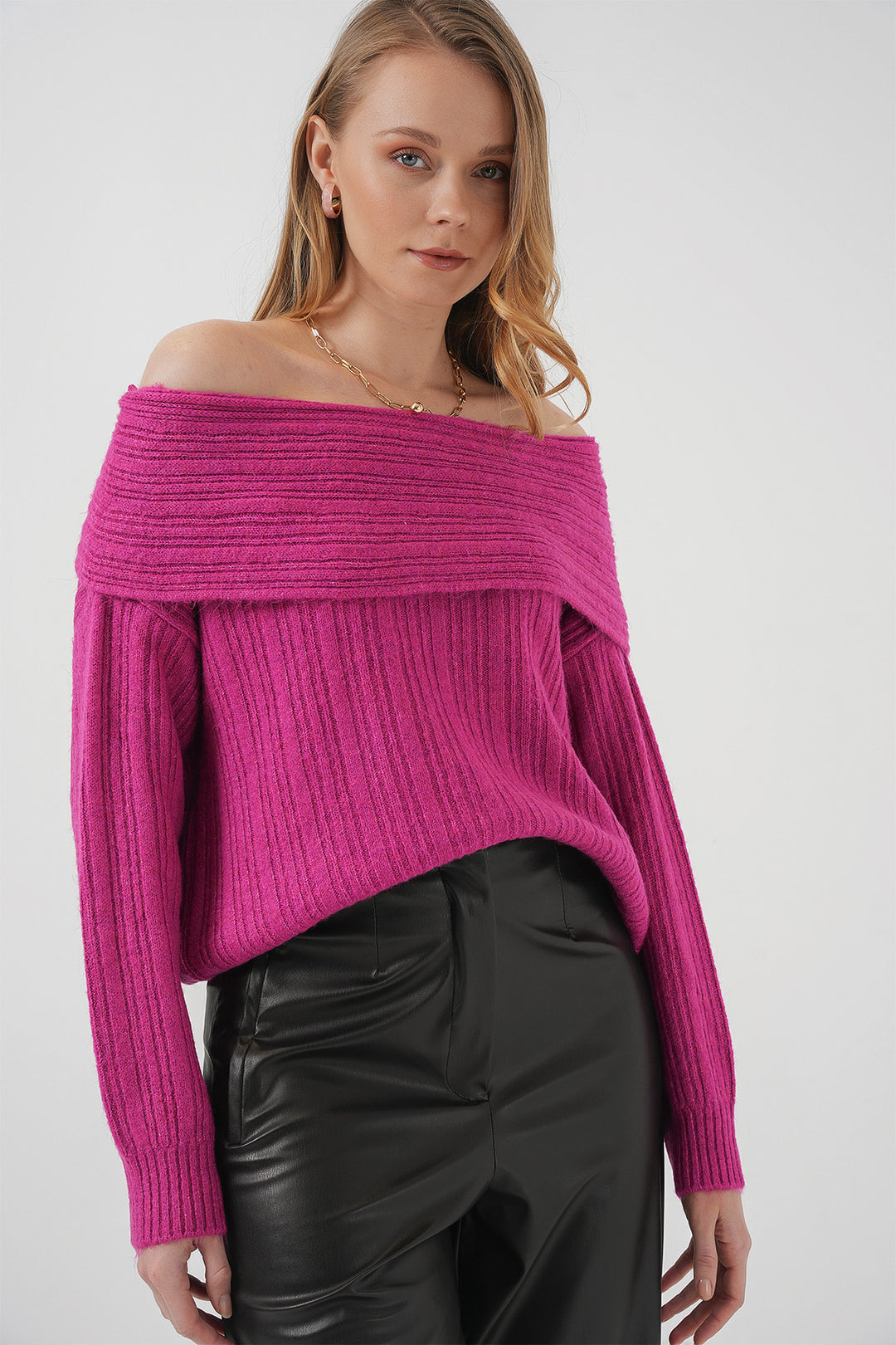Bigdart 15908 Pull oversize en tricot à épaules dénudées pour femme - Rose foncé