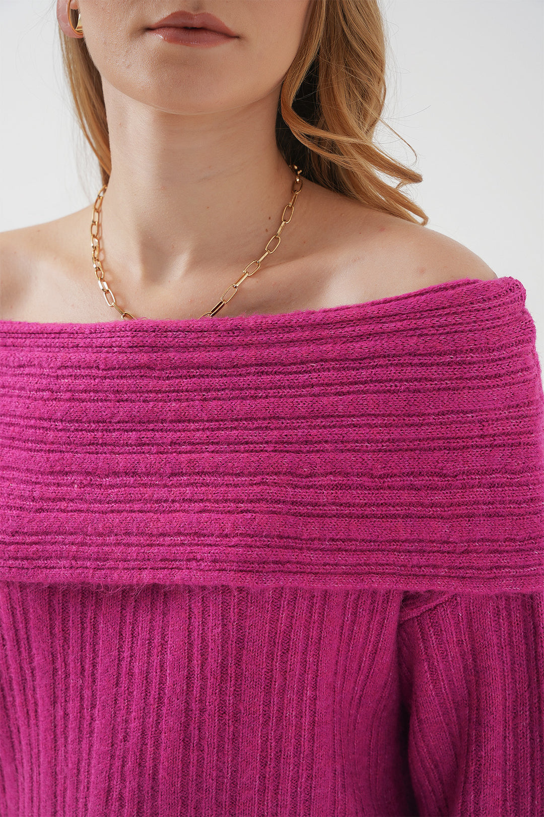 Bigdart 15908 Pull oversize en tricot à épaules dénudées pour femme - Rose foncé