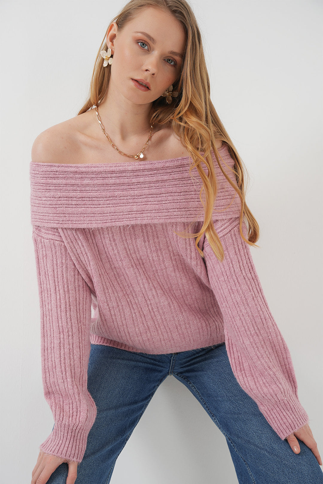 Bigdart 15908 Pull en tricot oversize à épaules dénudées pour femmes - Poudre