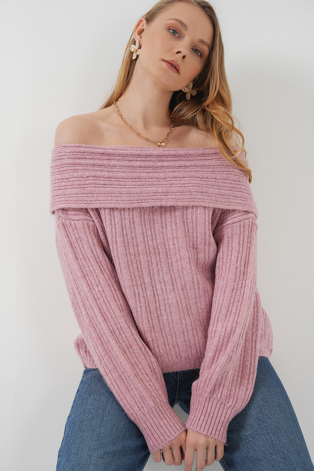 Bigdart 15908 Pull en tricot oversize à épaules dénudées pour femmes - Poudre