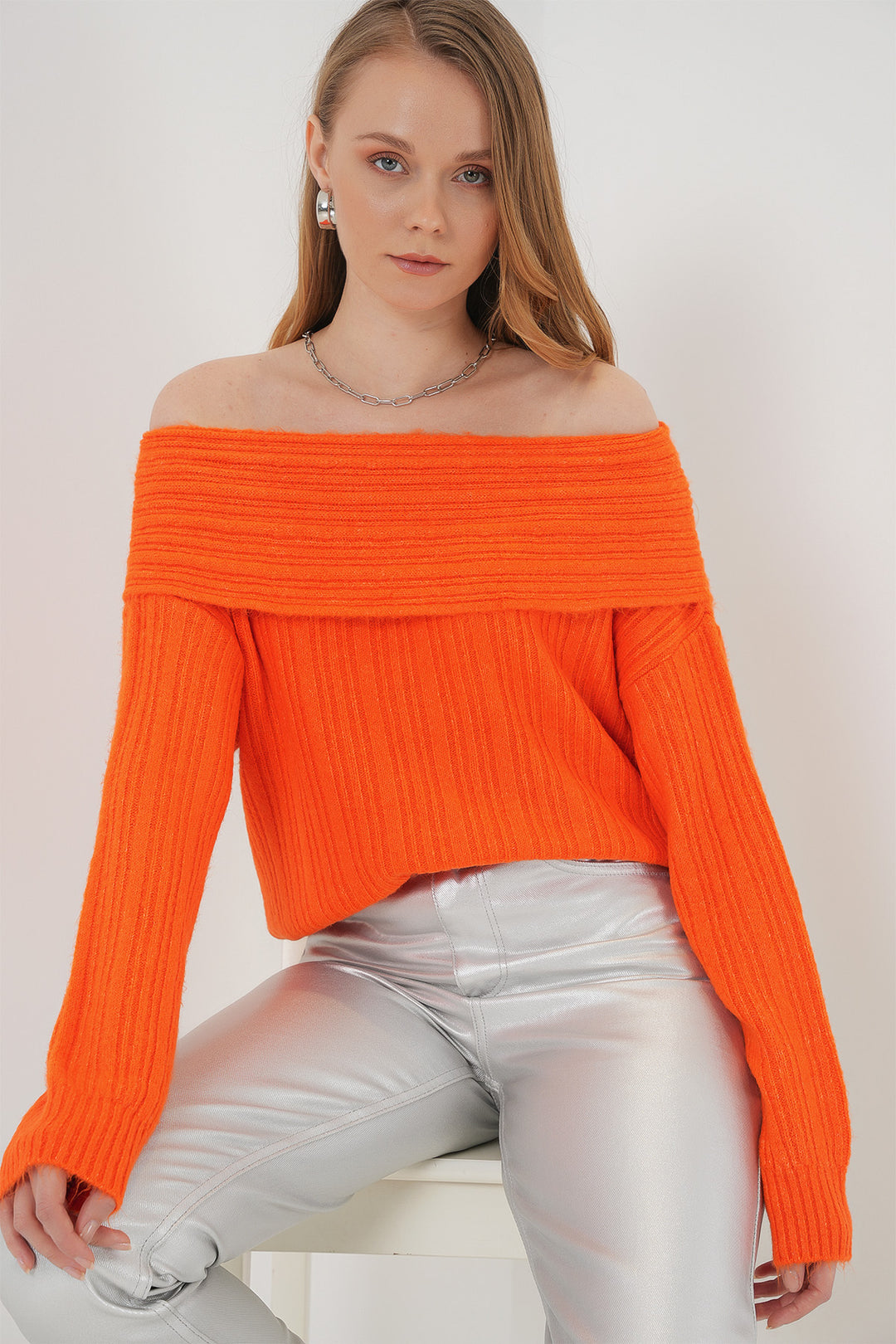 Bigdart 15908 Femme Pull Tricot Oversize Épaules Dégagées - Orange