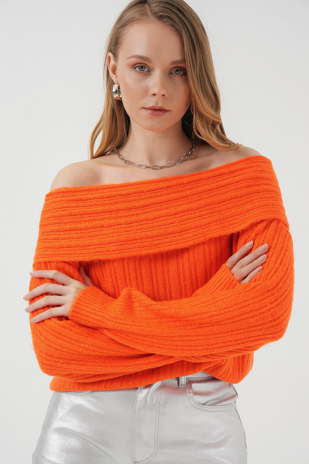 Bigdart 15908 Femme Pull Tricot Oversize Épaules Dégagées - Orange