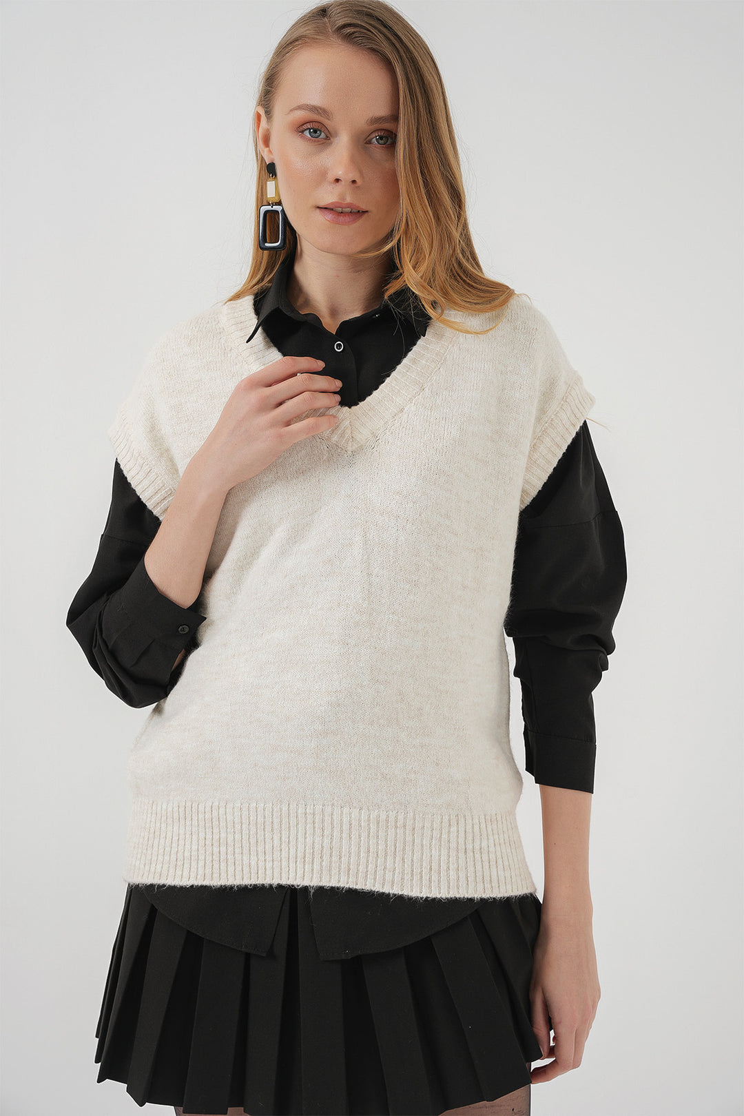 Bigdart 15914 Gilet en tricot à col en V - Écru