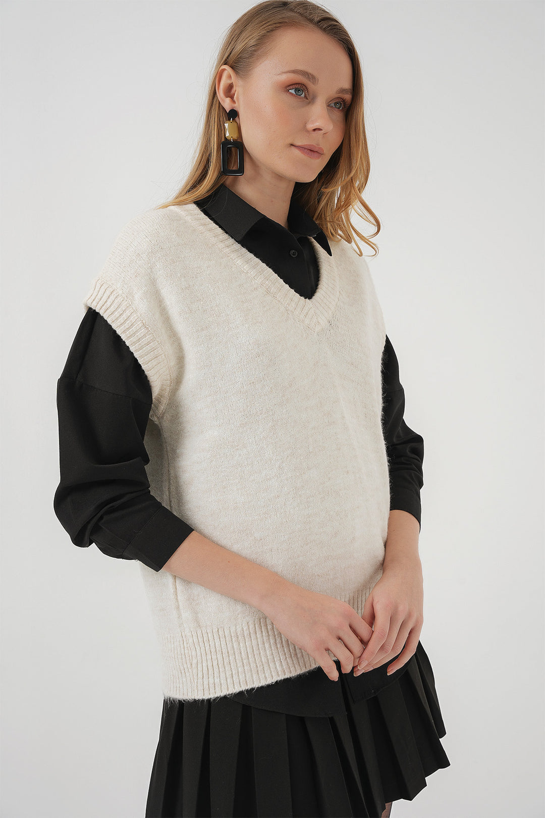 Bigdart 15914 Gilet en tricot à col en V - Écru