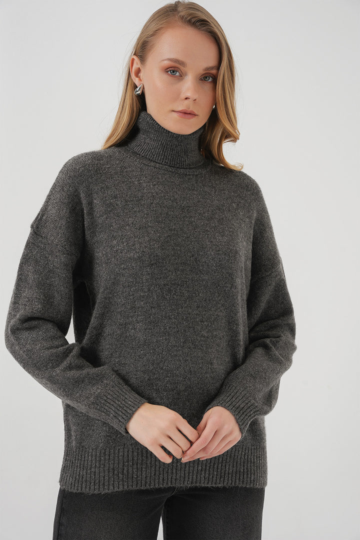 Bigdart 15917 Pull oversize en tricot à col roulé pour femme - Anthracite