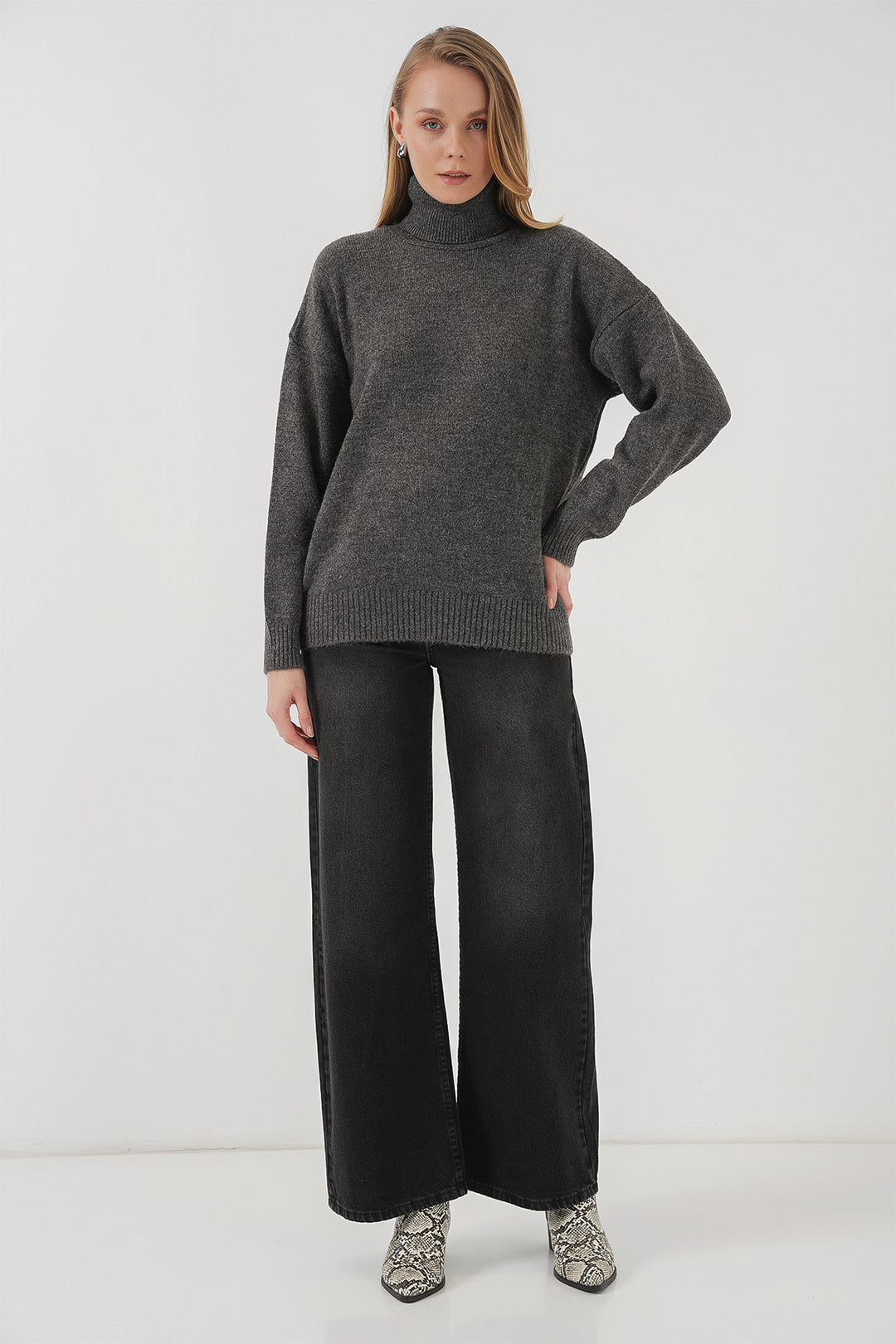 Bigdart 15917 Pull oversize en tricot à col roulé pour femme - Anthracite