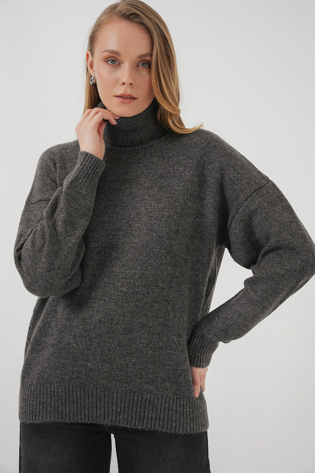 Bigdart 15917 Pull oversize en tricot à col roulé pour femme - Anthracite