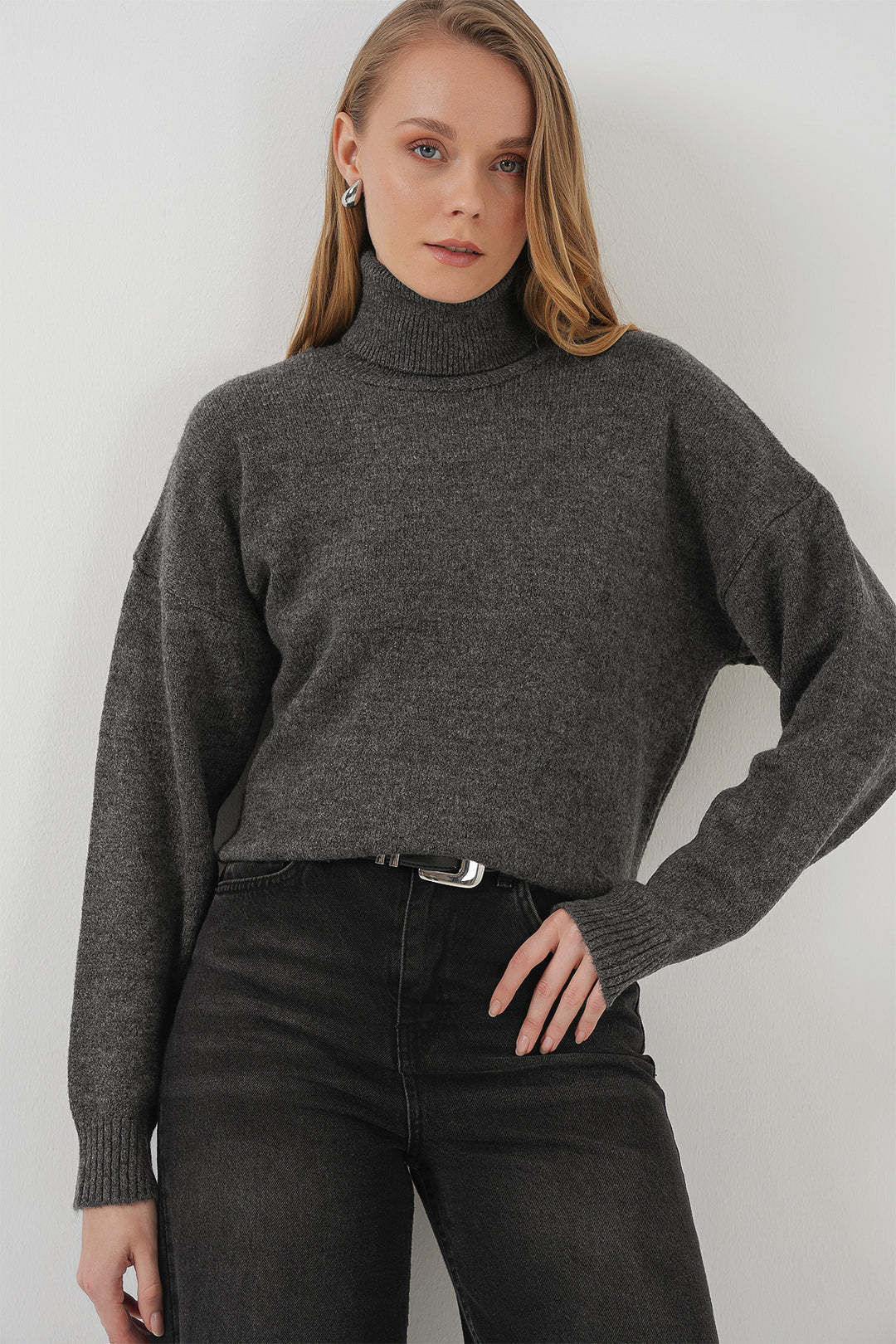 Bigdart 15917 Pull oversize en tricot à col roulé pour femme - Anthracite