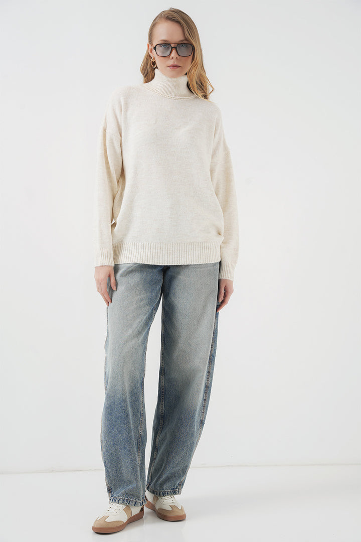 Bigdart 15917 Pull oversize en tricot à col roulé pour femme - Écru