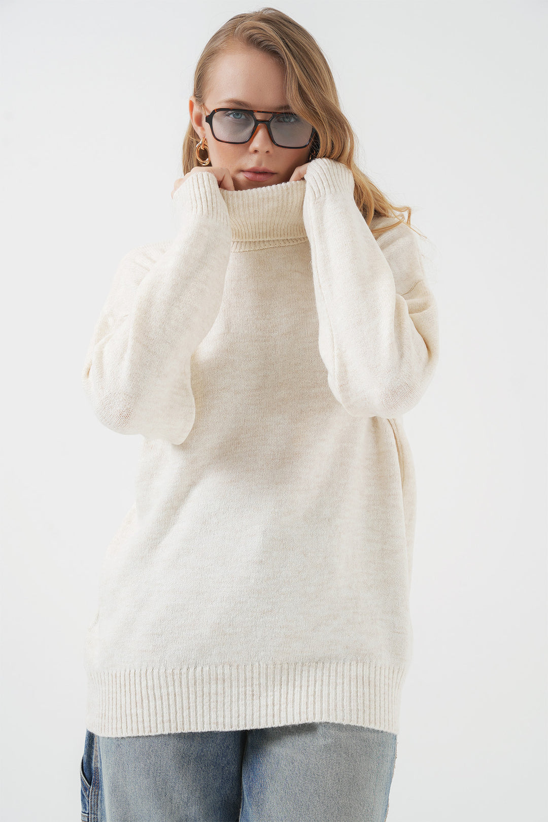 Bigdart 15917 Pull oversize en tricot à col roulé pour femme - Écru