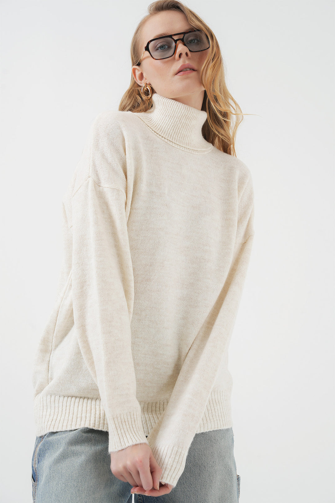 Bigdart 15917 Pull oversize en tricot à col roulé pour femme - Écru