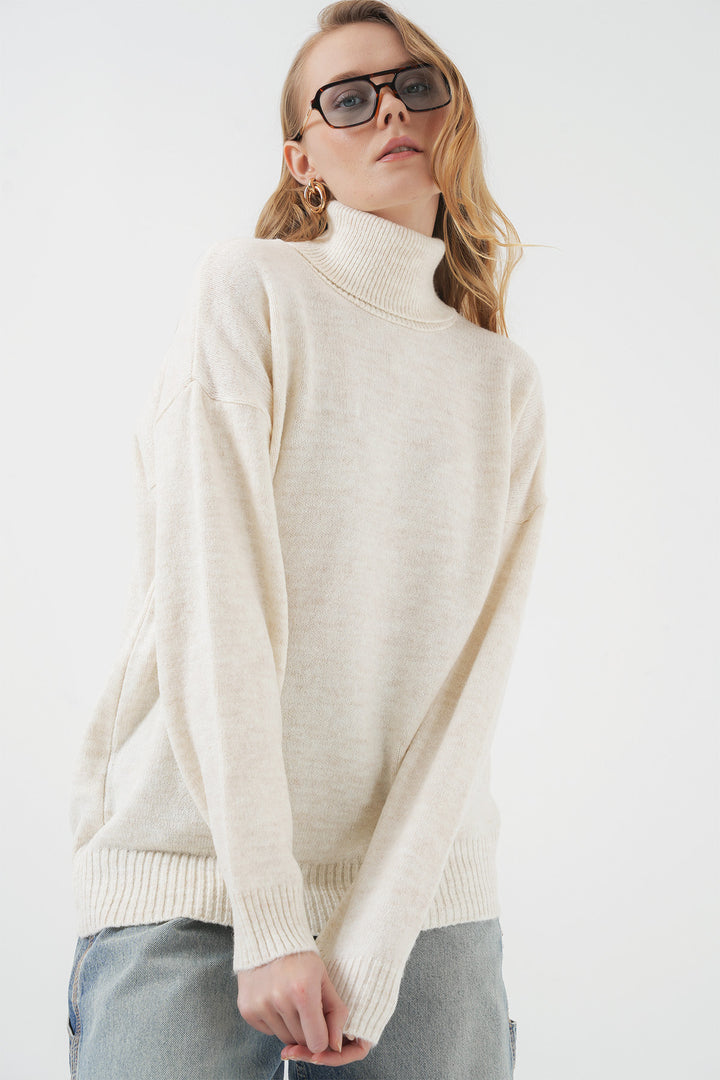 Bigdart 15917 Pull oversize en tricot à col roulé pour femme - Écru