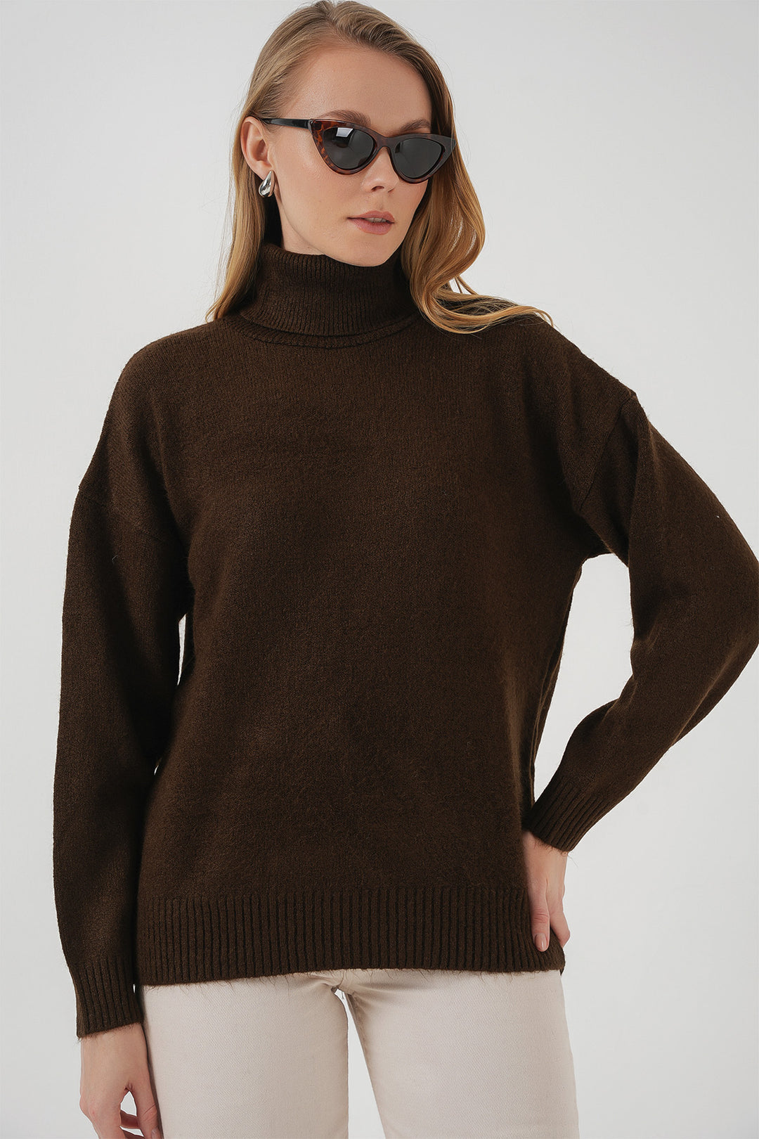 Bigdart 15917 Pull oversize en tricot à col roulé pour femme - Marron