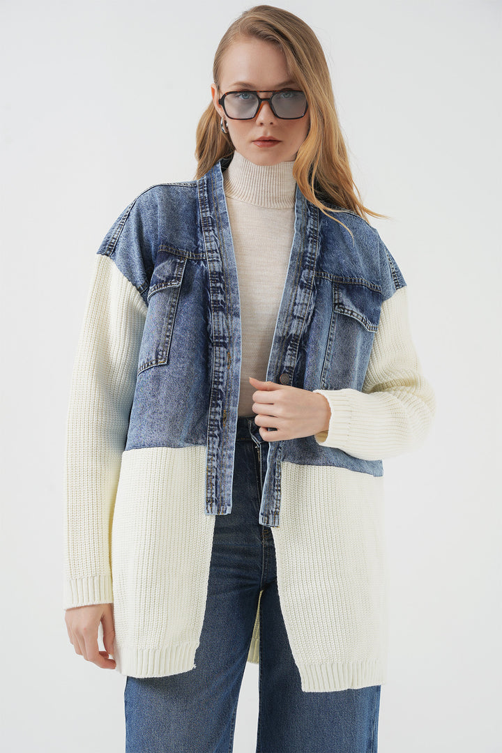 Bigdart 15919 Veste en tricot longue en jean - Blanc