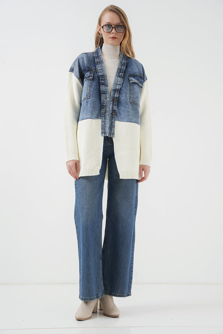 Bigdart 15919 Veste en tricot longue en jean - Blanc