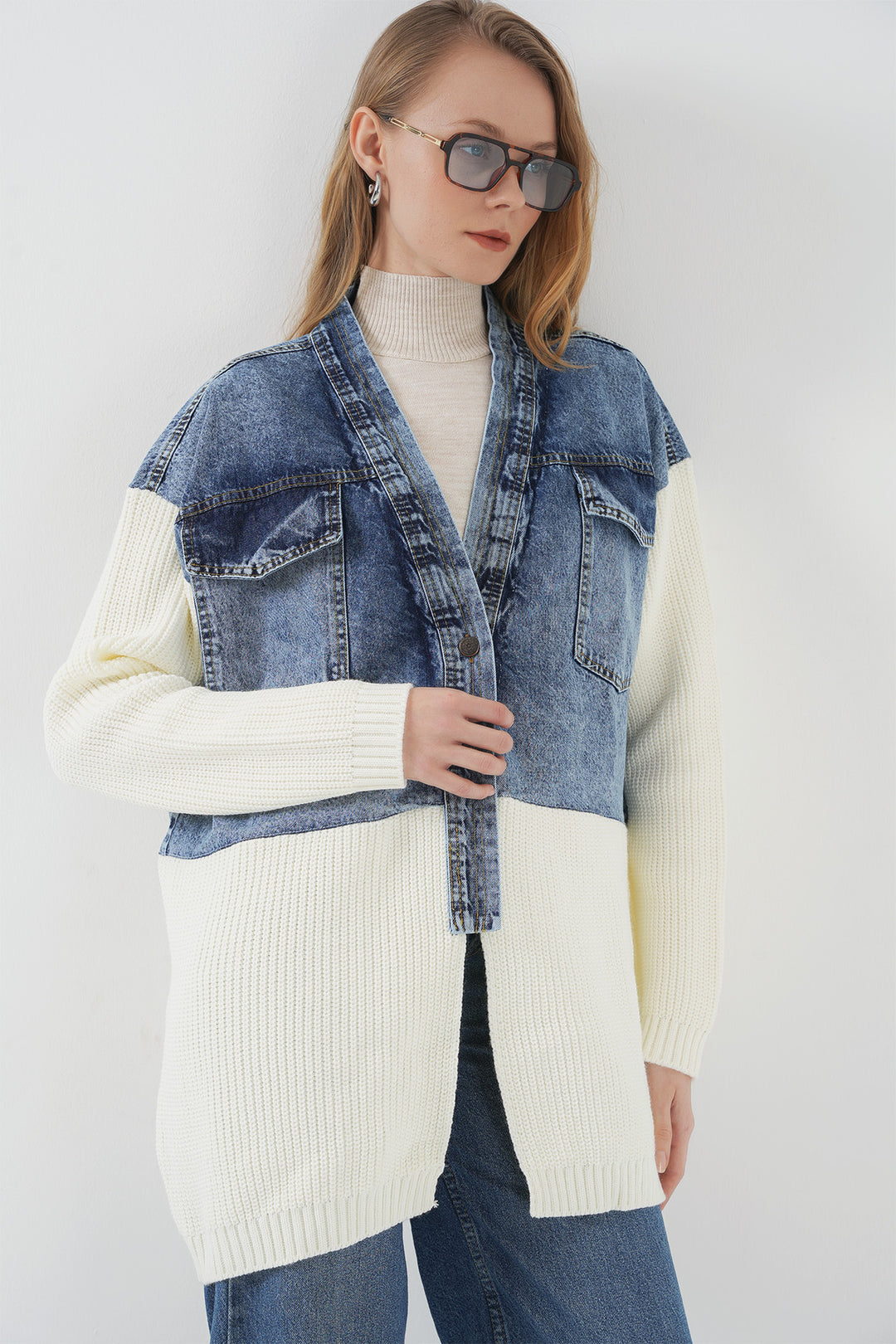 Bigdart 15919 Veste en tricot longue en jean - Blanc
