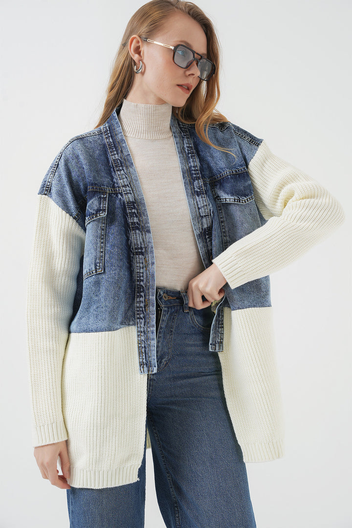 Bigdart 15919 Veste en tricot longue en jean - Blanc