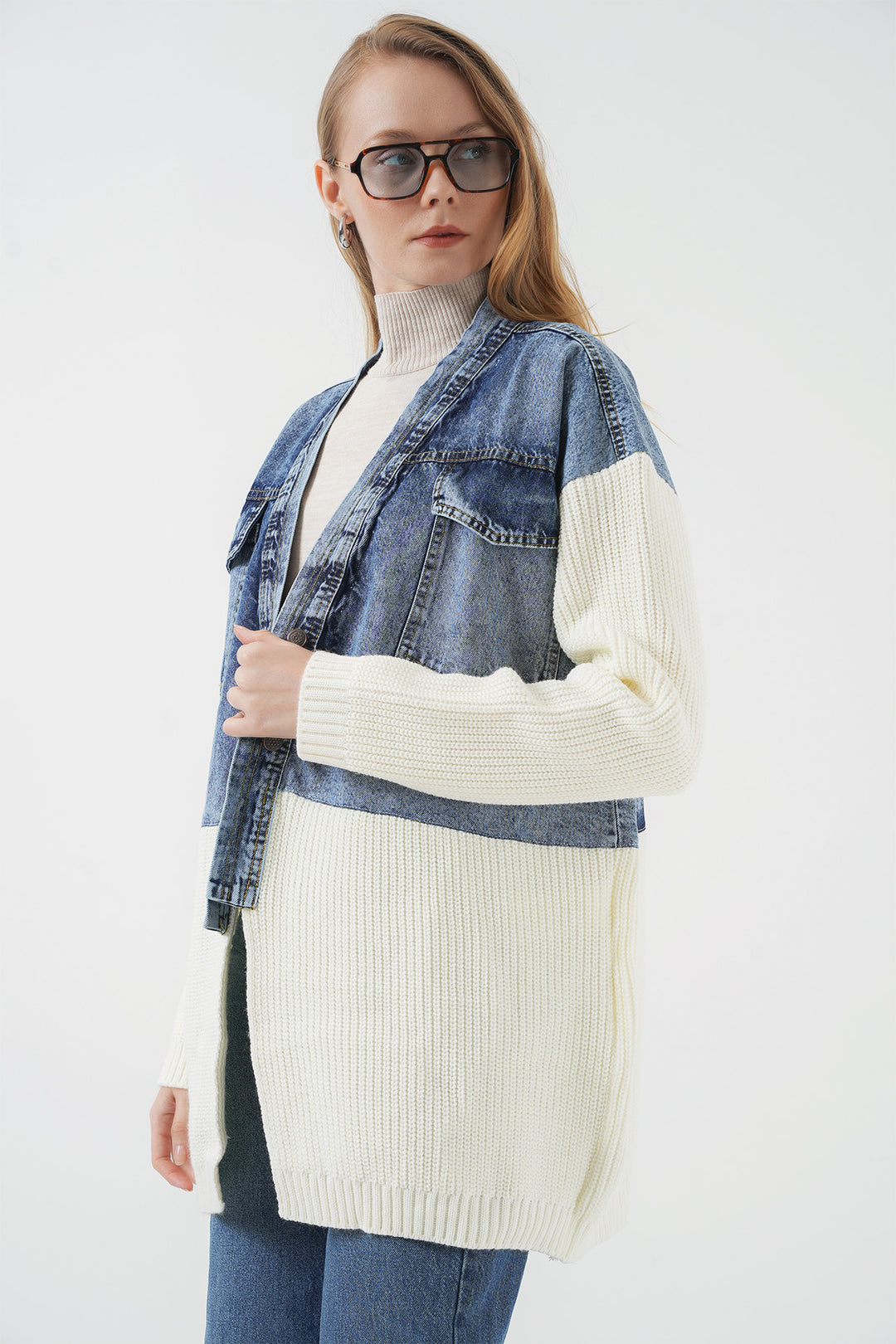 Bigdart 15919 Veste en tricot longue en jean - Blanc