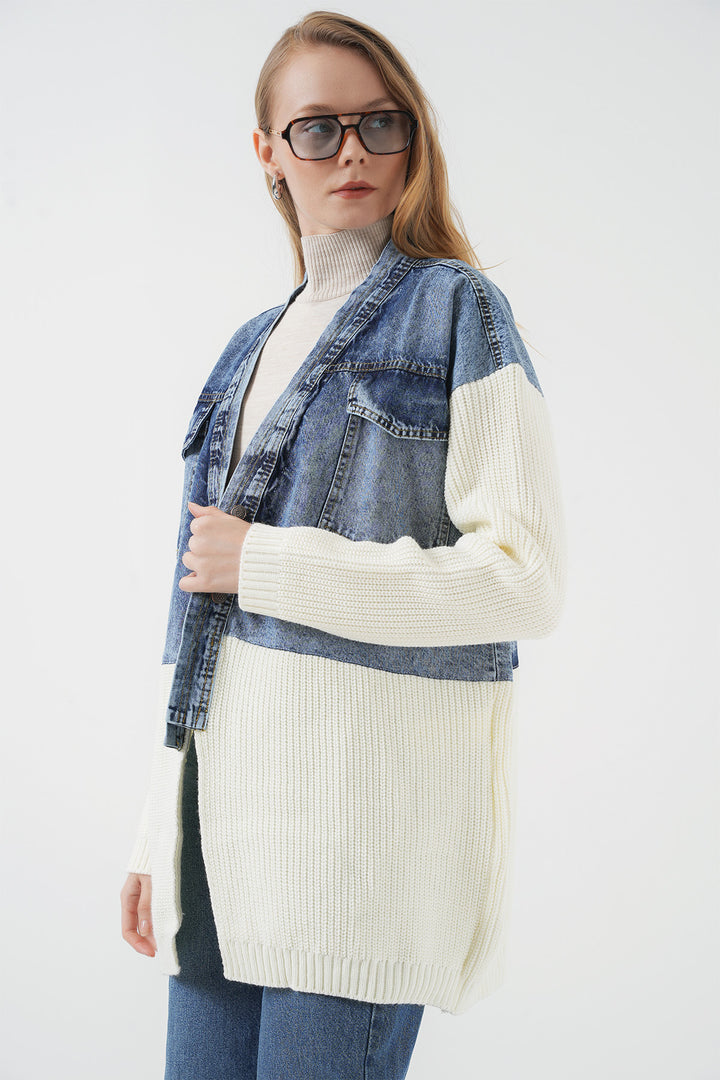 Bigdart 15919 Veste en tricot longue en jean - Blanc
