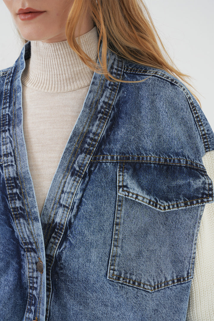 Bigdart 15919 Veste en tricot longue en jean - Blanc